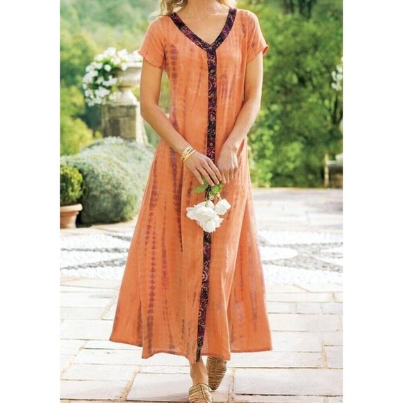 Soft Surroundings Dresses & Skirts - Soft Surroundings Sunset Bali Dress Orange Short Sleeve Button 2BD24 Womens 1X